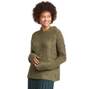 A New Day Womens Hooded Sweater Size Large Green Boucle Yarn Wool Pullover